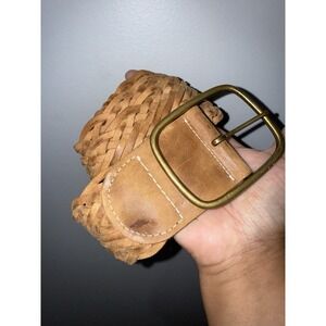 Nine West Boho Hobo Woven Wide‎ Tan Leather Belt Gold Brass Buckle Size M/L 43"